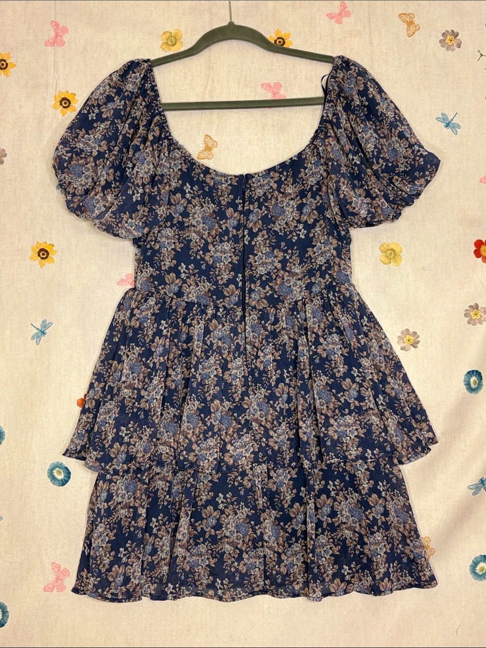 Francesca's Collections - Navy Floral Tiered Mini Dress with Puff Sleeves - Picture 8 of 12